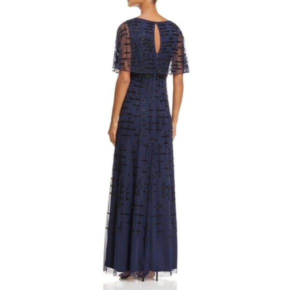 NWT Aidan Mattox Twilight Blue Beaded Cape Sleeve Flutter Gown Size 4 MSRP $495 - Picture 2 of 5